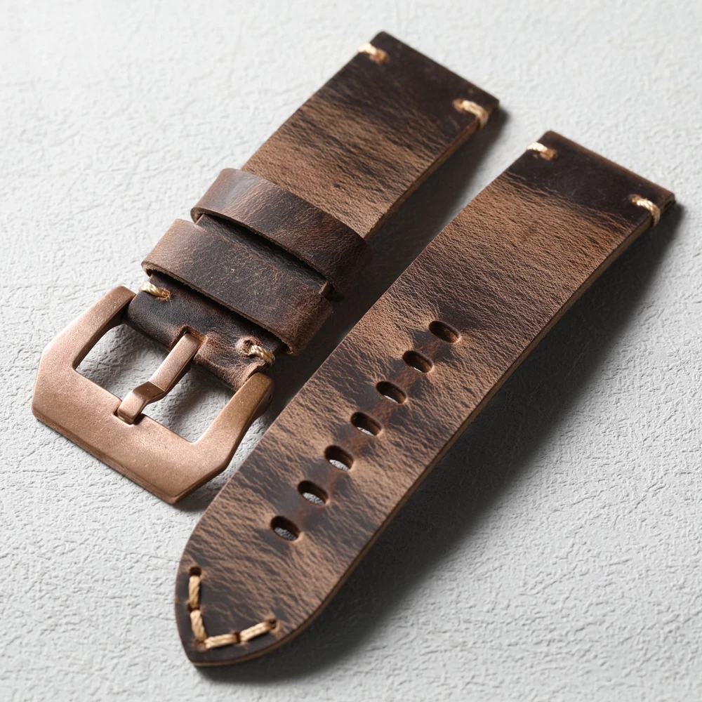 Handmade Head Layer Cowhide Watch Strap 20MM 22MM 23MM 24MM 26MM, Bronze Watch Strap with Vintage Solid Bronze Buckle, CUSN8