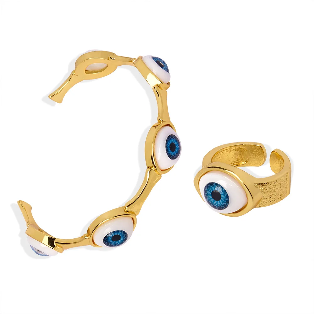 Enamel Eye Heart Rings Open Bangles Copper Adjustable Turkish Evil Eye Bangle Ring Set for Women Girls Jewelry
