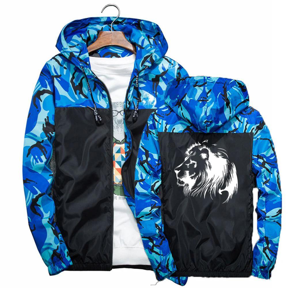 

2023 Meditation Lion Printed Men's Camouflage Patchwork Bomber Jacket Casual Hooded Zipper Pocket Coat Trend High Street Tops