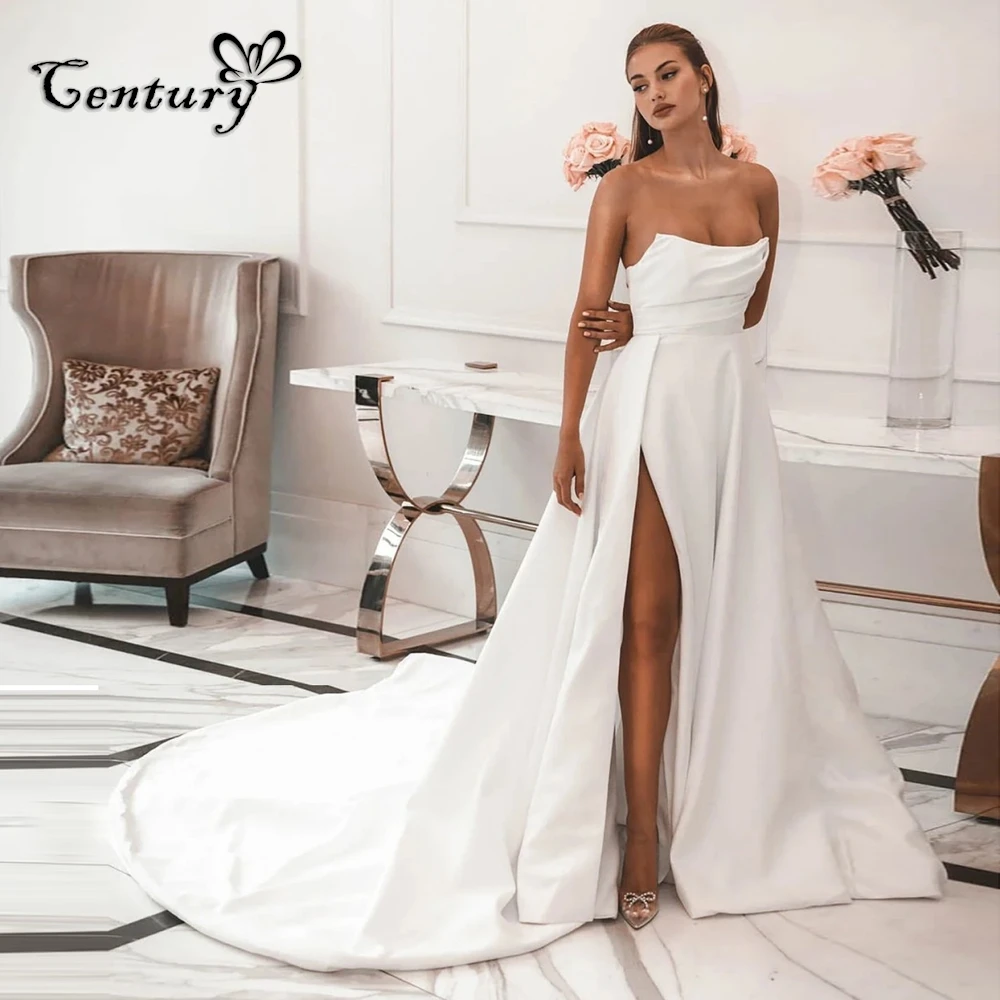 

Simple Satin Wedding Dresses High Slit Strapless Pleats A Line Elegant Bridal Gowns for Women Bride vestidos de novia Customized