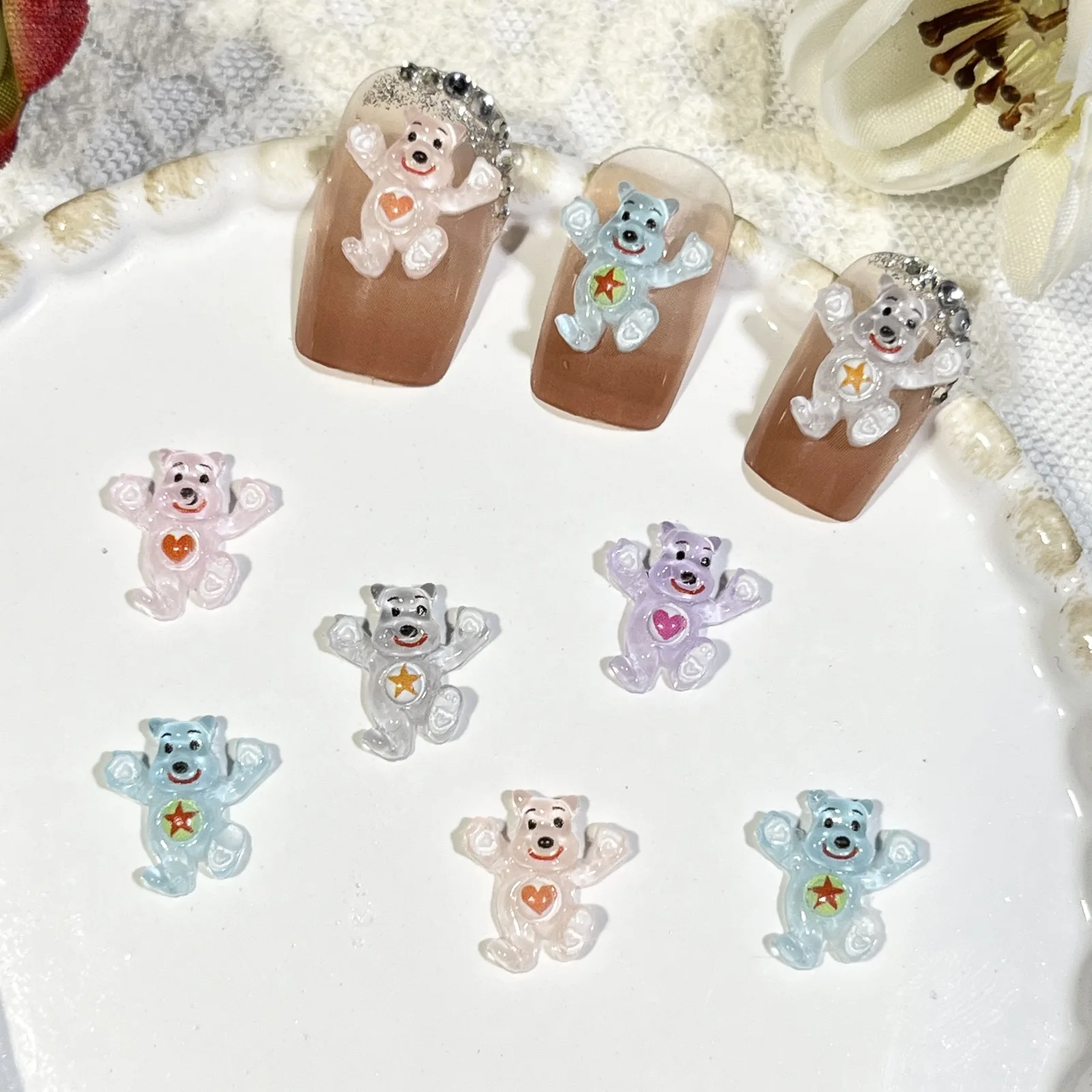 20pcs miniso dance bear cartoon nail charms for diy nail making cute mini resin flatback nail art decoreation