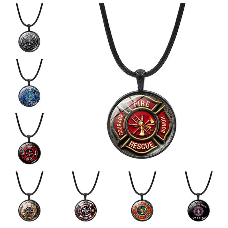 Classic Rescue Firefighter Glass Necklace Fashion Personality Men's Unisex Jewelry Gift Black Leather Rope Pendant Necklaces