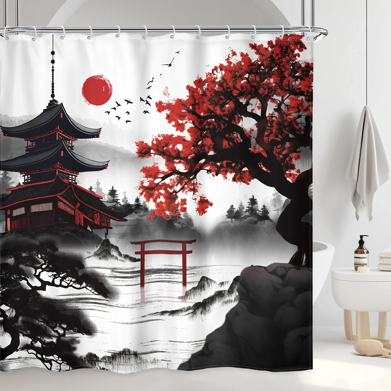 

4 шт.-набор японских занавесок для душа с цветком вишни, акварель, черные, красные цветы, азиатские китайские горные солнце, аниме, современная ванна