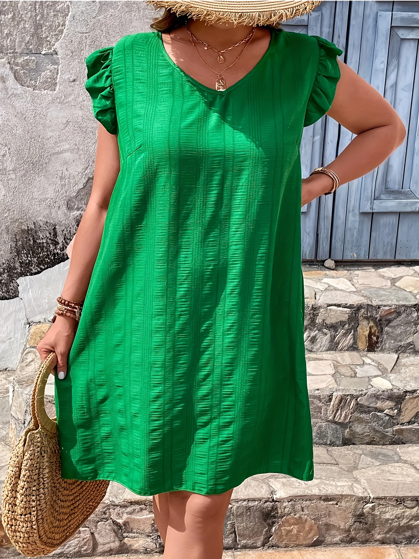 Plus Size Summer Women Elegant Dress Casual Vacation Solid Back Knot V Neck Loose Tunic Dresses