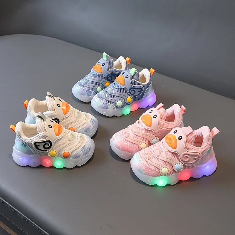 Fashion LED Casual Sneakers For Spring children Frozen Elsa Princess Print Pu Leather Shoes Children Lighted Non-slip Pink black