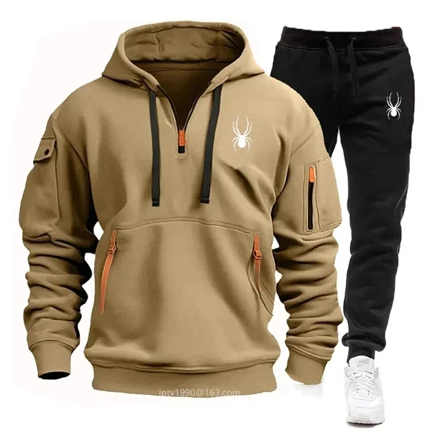 Spring and Autumn Men\'s 2024 Multi Pocket Hoodie+Sports Pants Set, Casual Sports, Slow Running, Fitness Sports Set