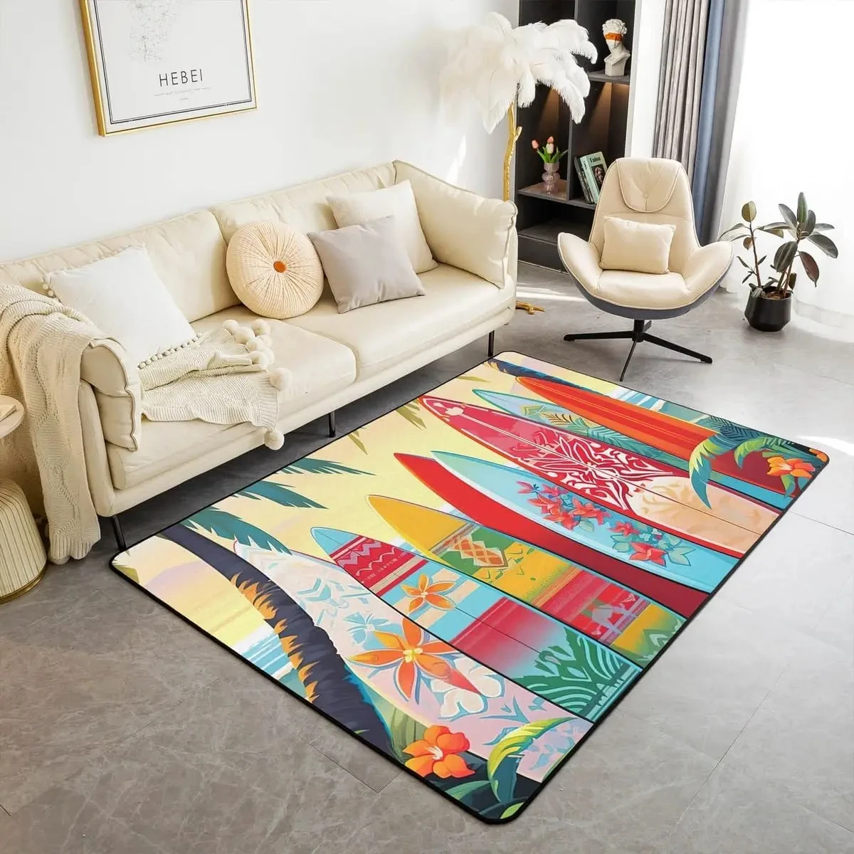 Surfboard Area Rug for Living Room Extreme Sport Carpet Hawaii Summer Tropical Leaves Floor Mat Ocean Beach Decorative Doormat