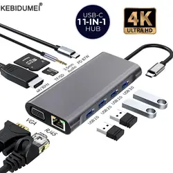 Adaptador USB C HUB para MacBook Pro Air, Tipo C para RJ45, 4K, 30Hz, HDMI, VGA, SD, TF, USB 3.0, 2.0, Docking PD, 87W, divisor USB C