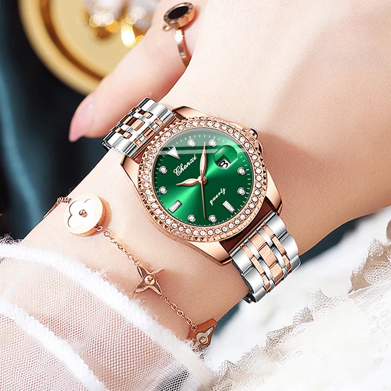 Vintage Style Green Dial Women Watch CHENXI Brand Stainless Steel Wristwatch Rhinestone Design Valentine\'s Day Gift for Lover