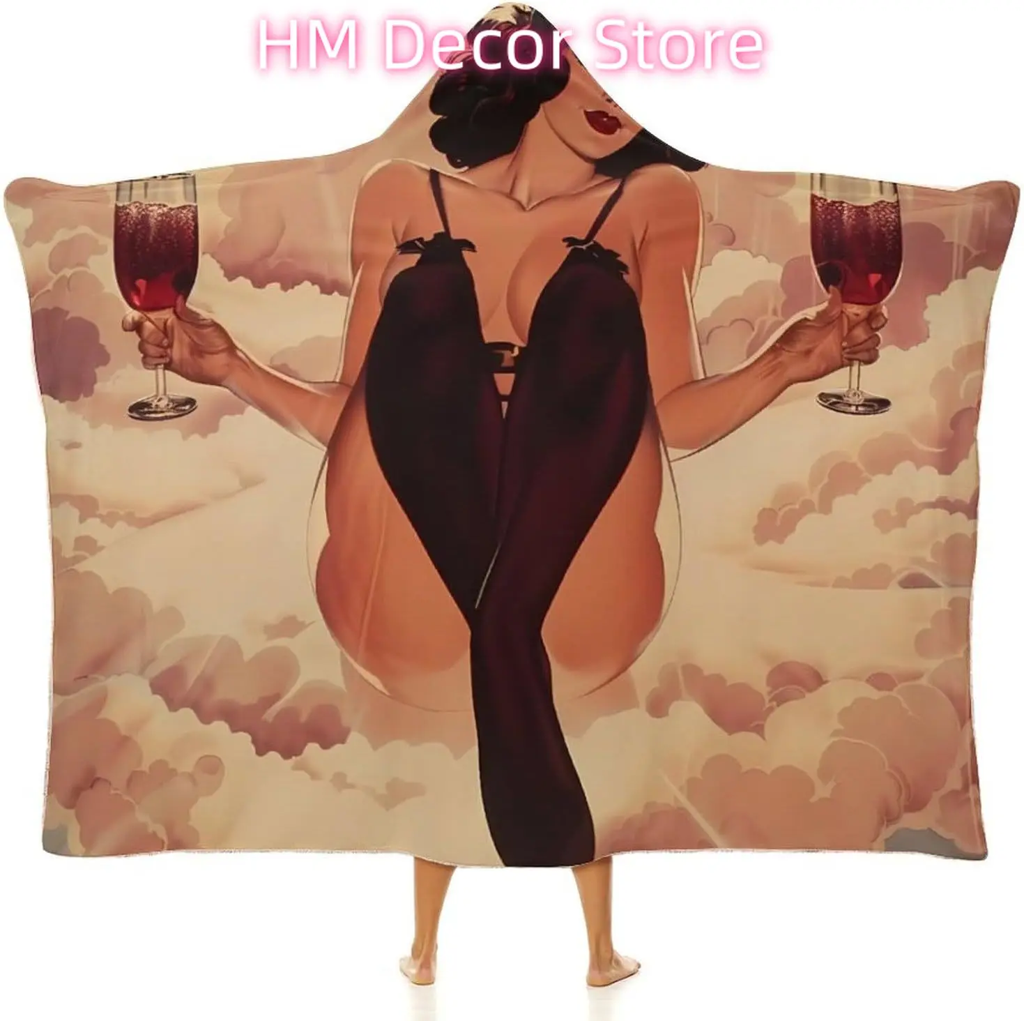 Pin Up Girl Alcohol Cheers Wearable Hooded Blanket Warm Cozy Blanket Wrap Oversized Throw Cape