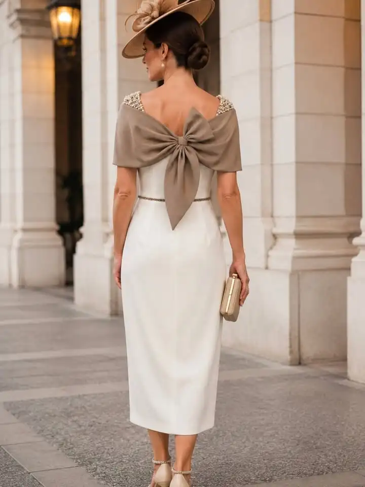 Customized Mother Of The Bride Dress Beaded Shoulder Wrap Midi Wedding Guest Gown Overlap Slit Formal Cocktail Outfit For Women