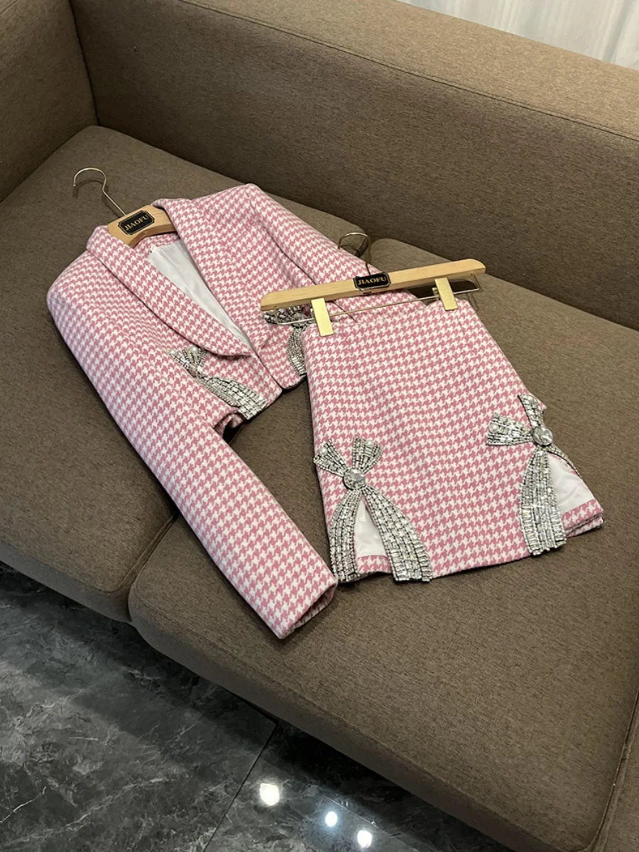 

Ele Faion Outerwear Skirt Set with Knot Water Diamond Design in Plaid Pattern Women's Commute Sle Ensemble