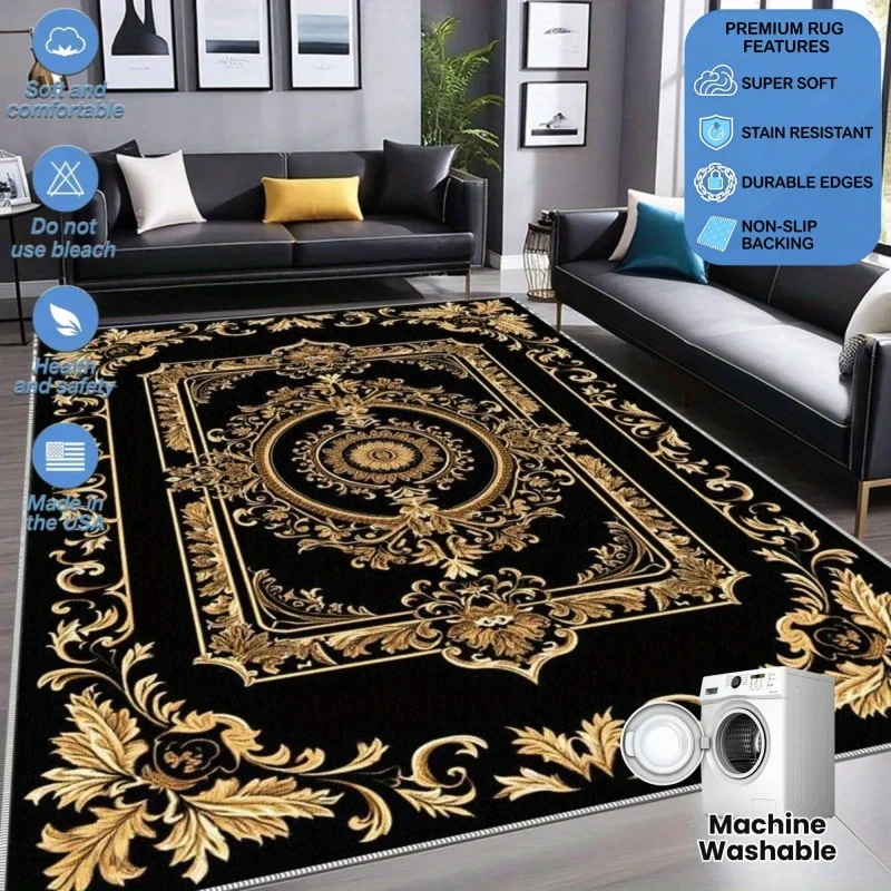 Newest Big Carpet Black Gold Vintage European Ornate Floral Large Washable Area Rug Non Slip Home Carpet