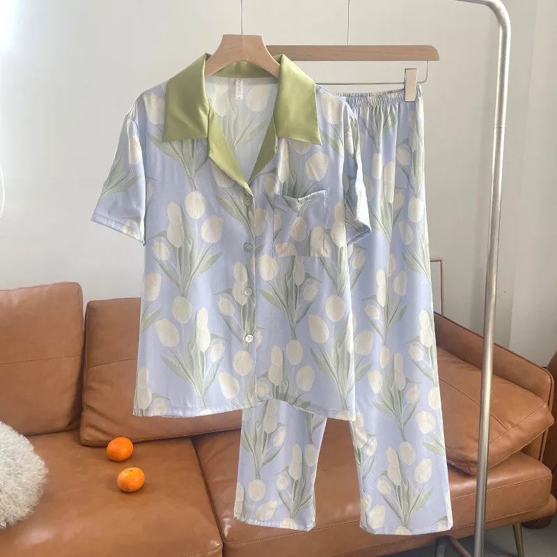 Fdfklak New Pijamas Spring Summer Women Sleepwear Short-Sleeved Trousers Pajamas Female Set Imitation Silk Ladies Home Clothes