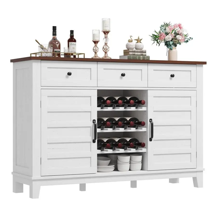 53.5 Farmhouse Buffet Cabinet with Storage, 36 Tall Wood Rustic Sideboard with 3 Drawer, Reversible Wine Rack and Adjustable She