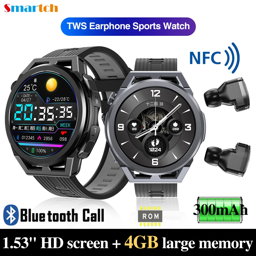 

1,53 "2в1 TWS наушники Smartwatch Blue Tooth Call Sports 4 ГБ локальная память Музыка Запись звука 2 в 1 гарнитура NFC Smart Watch