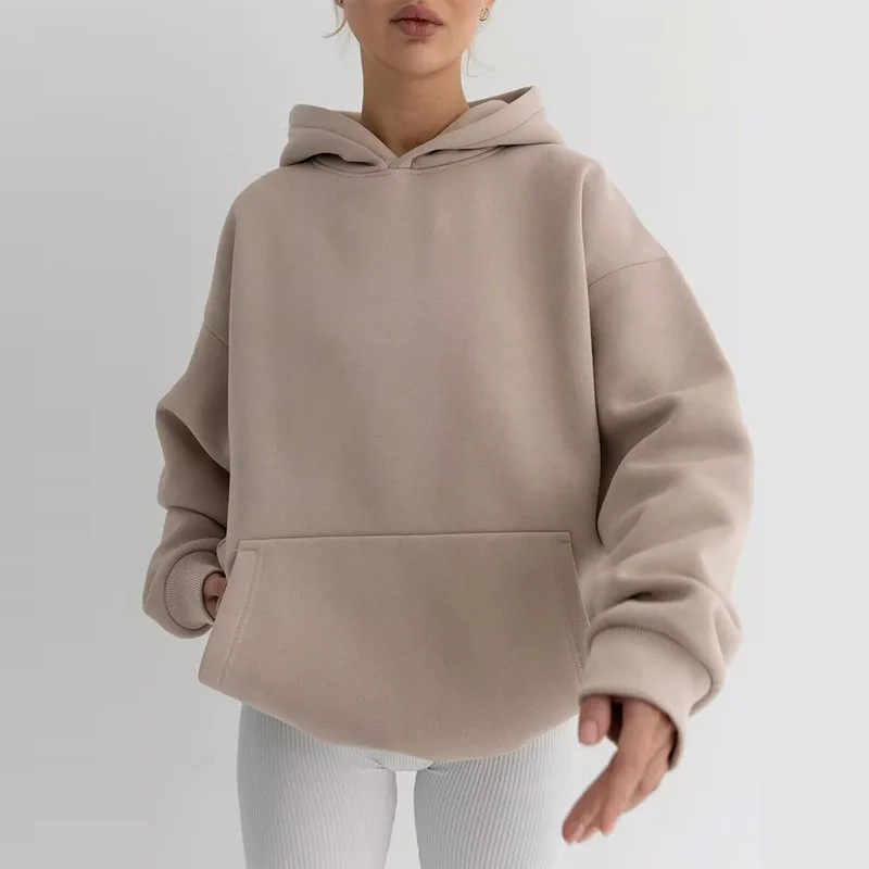 Women Casual Loose Hoodies Autumn Solid Long Sleeve Solid Hooded Sweatshirt Harajuku Simple Tops Pullover 2025 Streetwear Winter