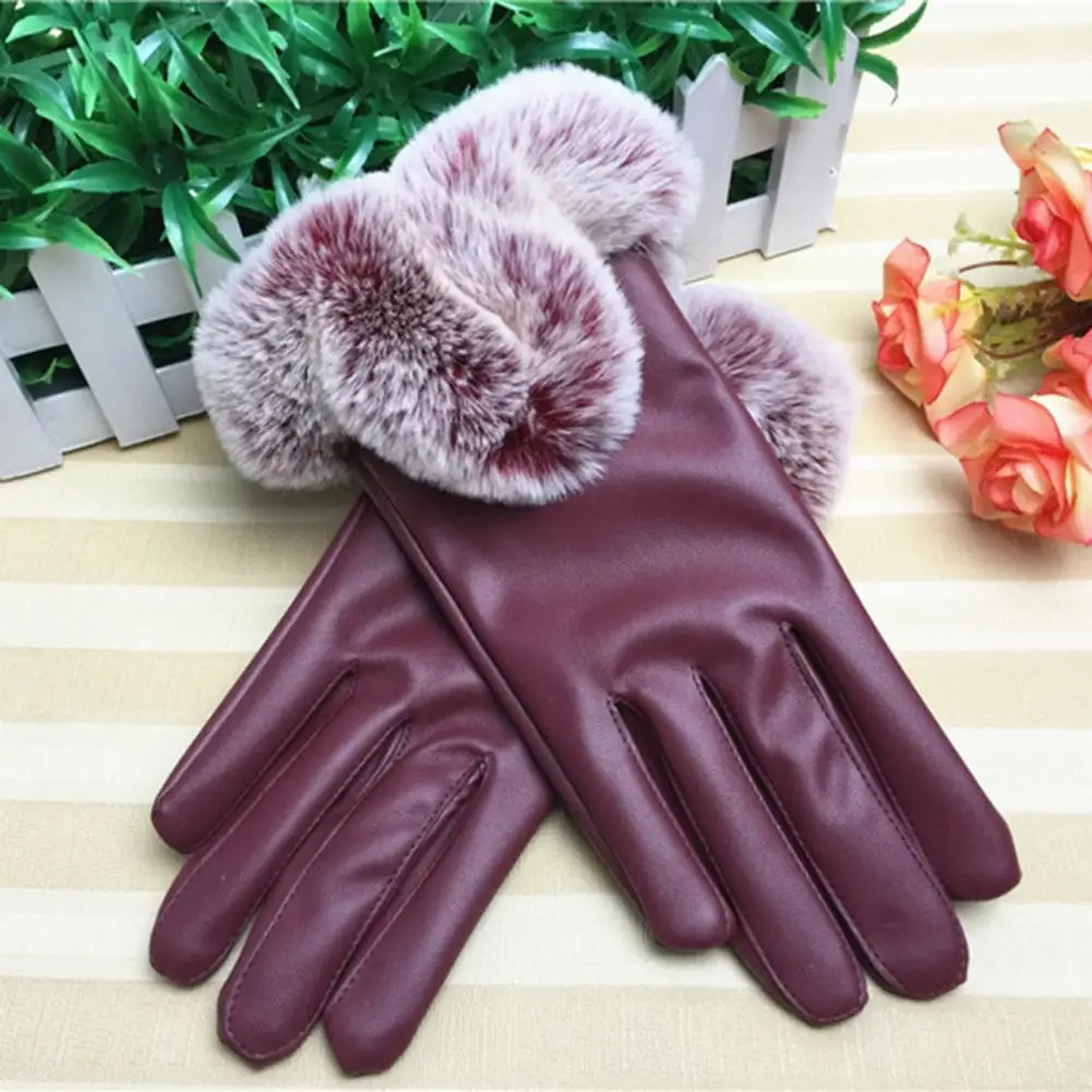 Full Finger Faux Leather Women Gloves Soft Plush Lining Driving Mittens Faux Rabbit Fur Touchscreen Gloves Fashion Ski Gloves