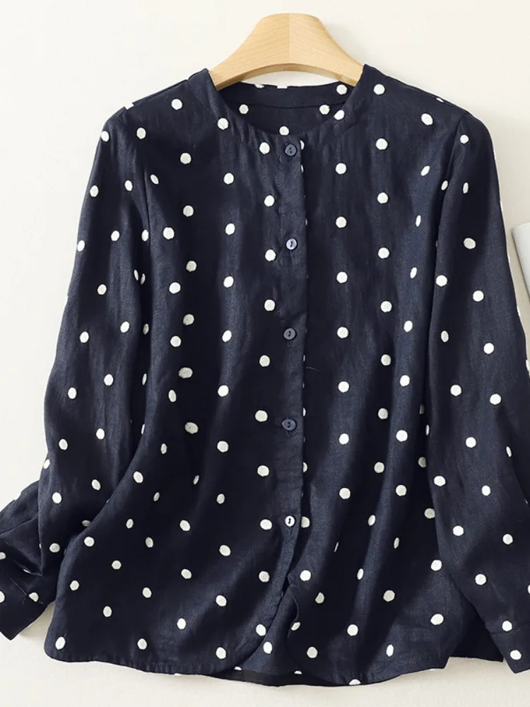 Early Autumn Loose Casual Long Sleeve Pure Cotton Shirt Women's Base Layer Outerwear Beautiful Polka Dot Blue Color Shirt