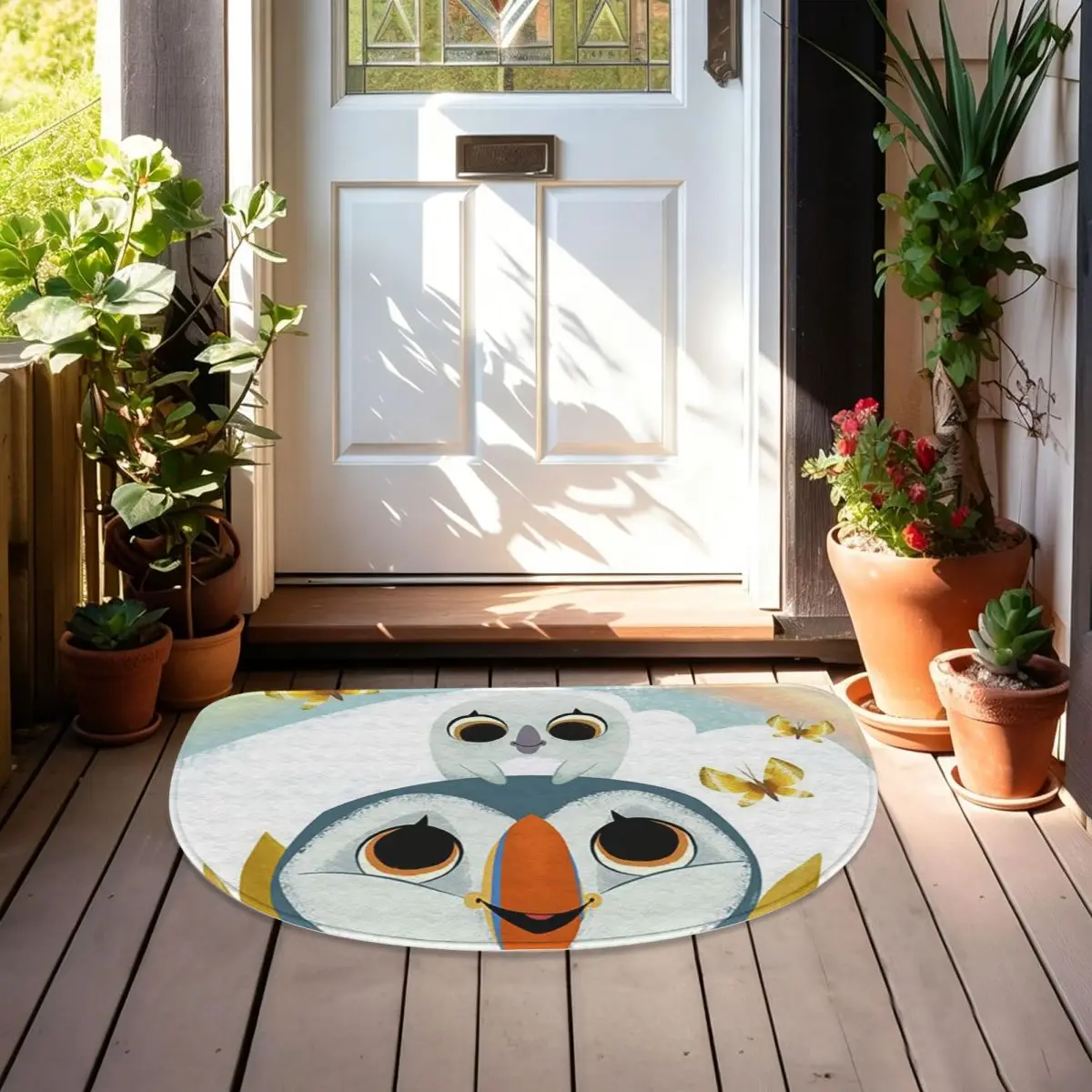 Puffin Rock And New Friends Cartoon Animation Flannel Half Round Doormat Non Slip Bathroom Mat Absorbent Floor Carpet for Garage