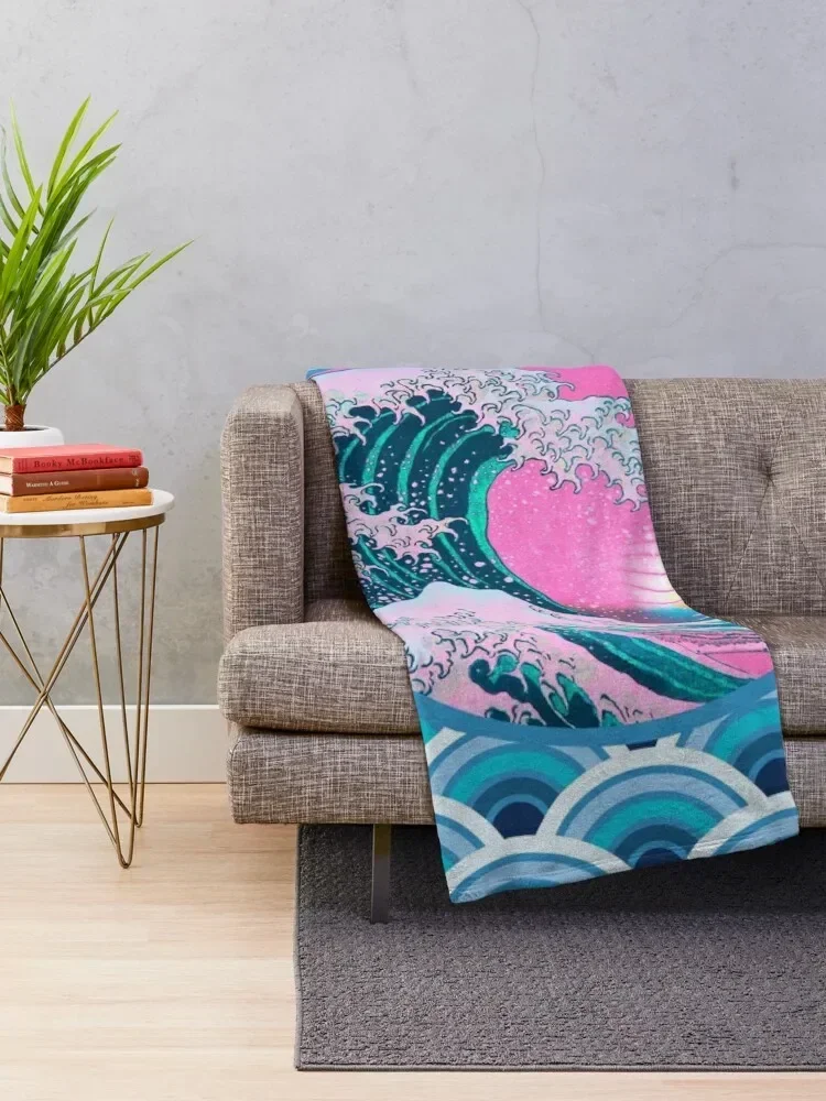 Vaporwave Aesthetic Great Wave Seigaiha Ocean Sunset Throw Blanket Soft Beds Soft Sofa Quilt Blankets