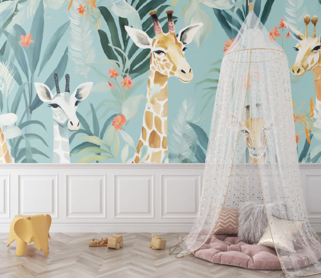 customized high-end mural tropical jungle plant flower giraffe warm cartoon wallpaper children's room home decoration painting
