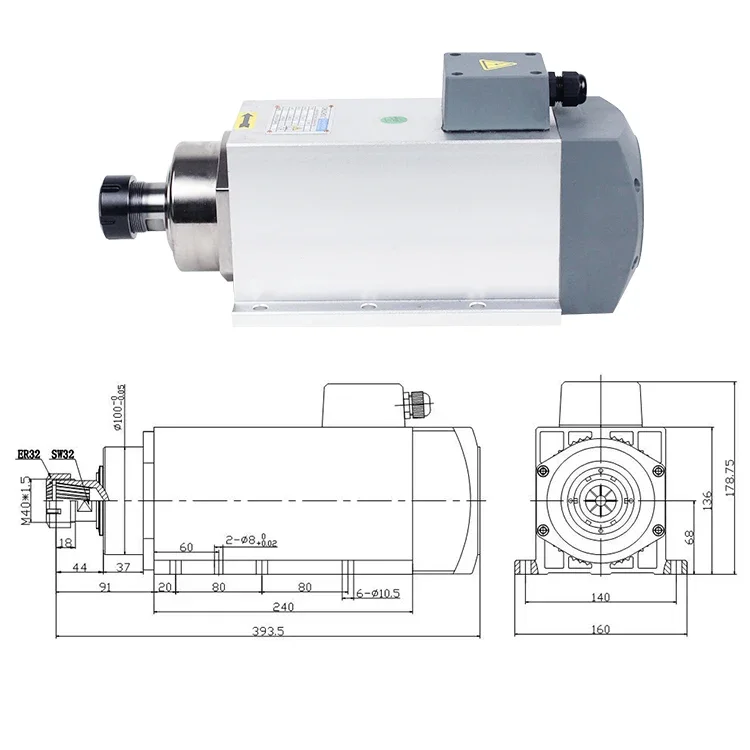 High Speed Air Cooled Square Flanged ER32 380V/220V CNC 3KW Air Cooling milling Spindle Motor for CNC Machine