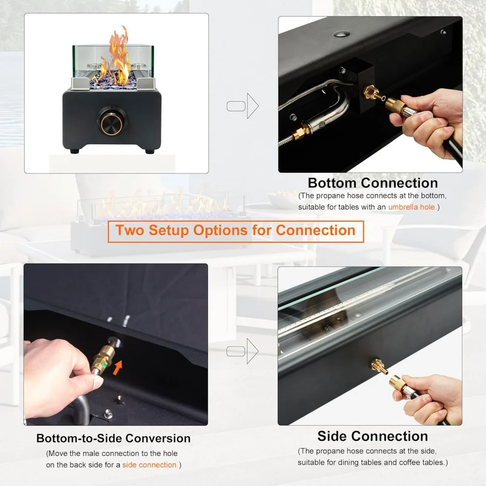 حفرة نار من البروبان على سطح الطاولة، حفرة نار مستطيلة محمولة بقدرة 40,000 وحدة حرارية بريطانية للفناء، وعاء حريق مستطيل محمول للاستخدام الخارجي مع زجاج الرياح #6