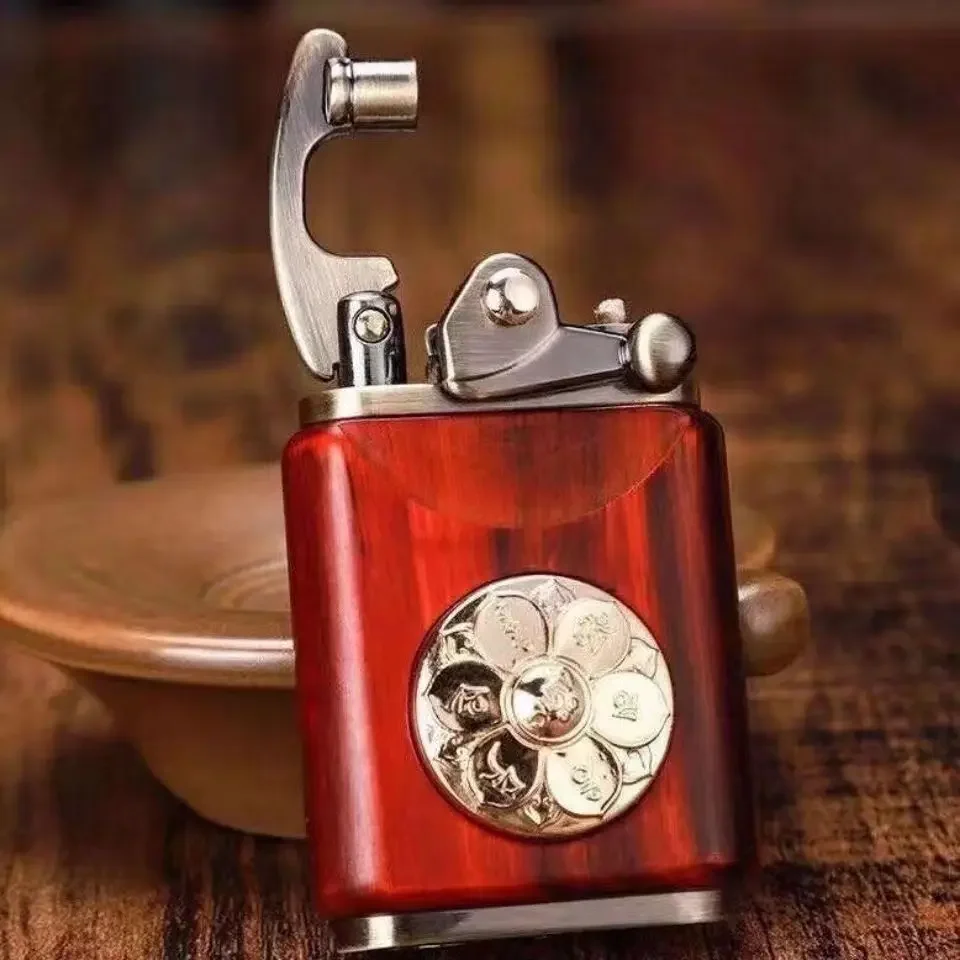 Rosewood Wooden Zorro Rocker Kerosene Lighter Retro Copper Old Nine Doors Creative Mahogany Cigarette Lighter Men\'s Gift