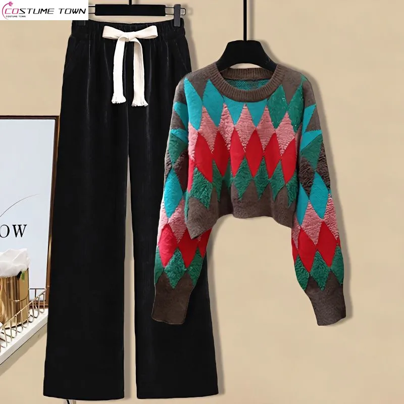 

Autumn and Winter Women's Set 2024 New Round Neck Knitted Sweater Slimming Wide Leg Pants Two Piece Set