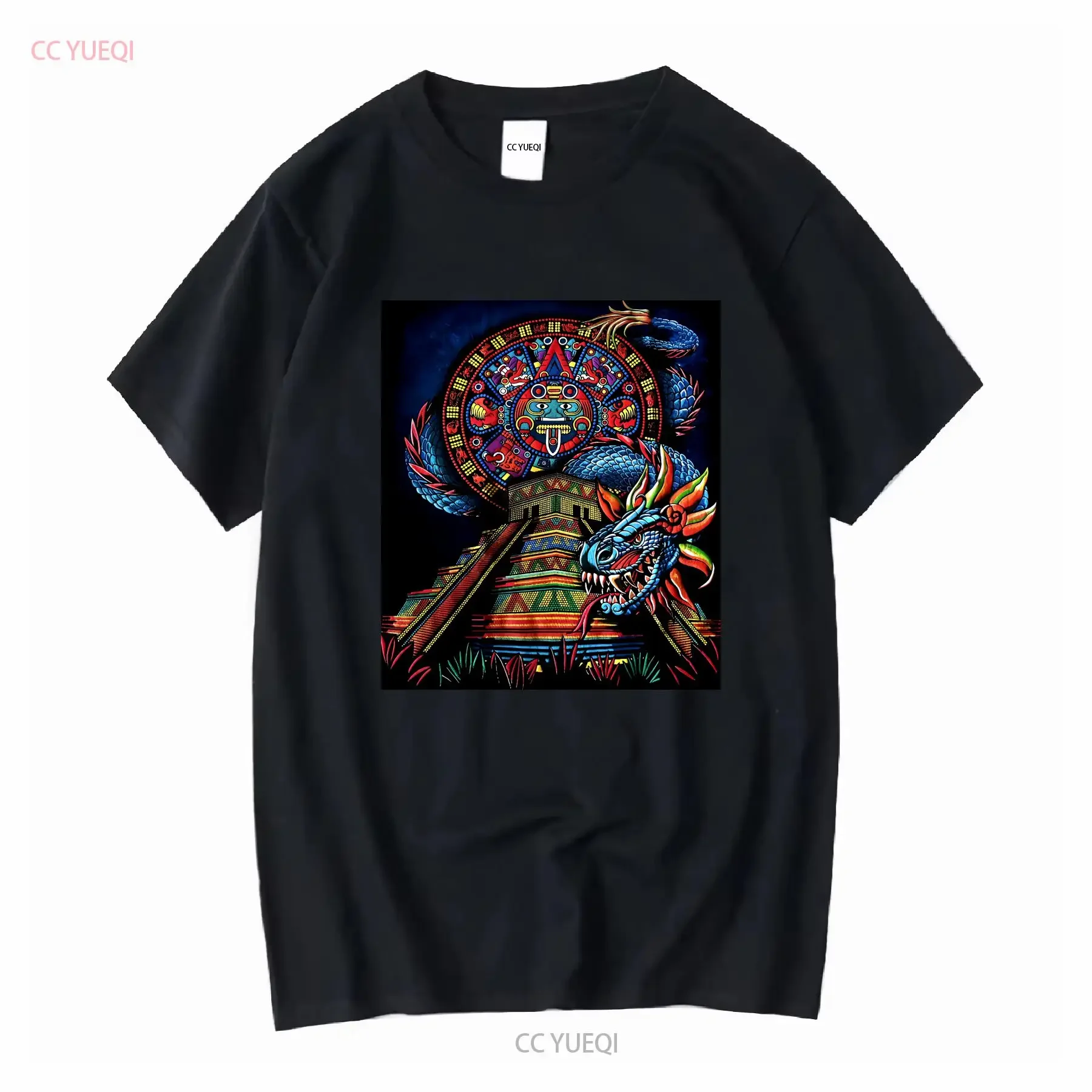 Men's Aztec Calendar Serpent T Shirt Vibrant Tribal Design vintage Washed fashion Stylish Breathable Versatile Soft homme