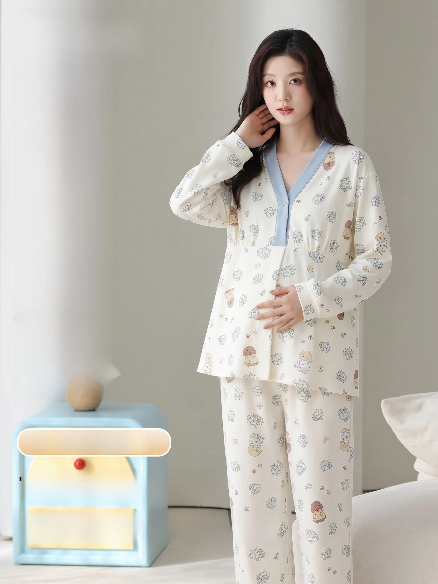 pure-cotton-summer-thin-maternity-sleepwear-breast-pad-nursing-nightgown-postpartum-home-clothes-set-for-pregnant-women