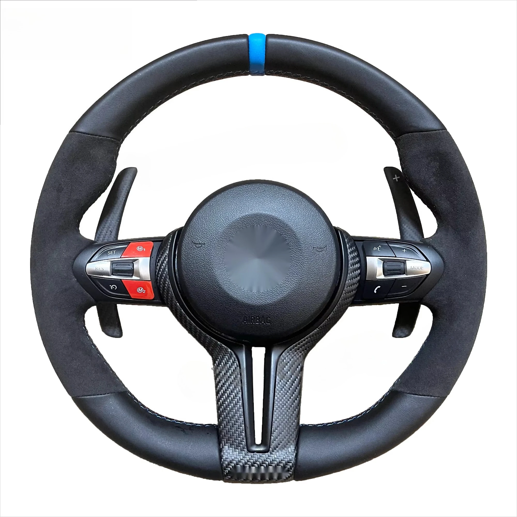 

Customized Alcantara Nappa Leather Blue Return Mark Carbon Fiber Cover Plate Red M1M2 Button Steering Wheel For BMW