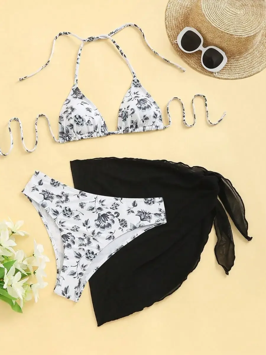 

Women Floral Print Halter Neck Backless Tie Bikini Set With Black Twist Knot Skirt Summer Beach