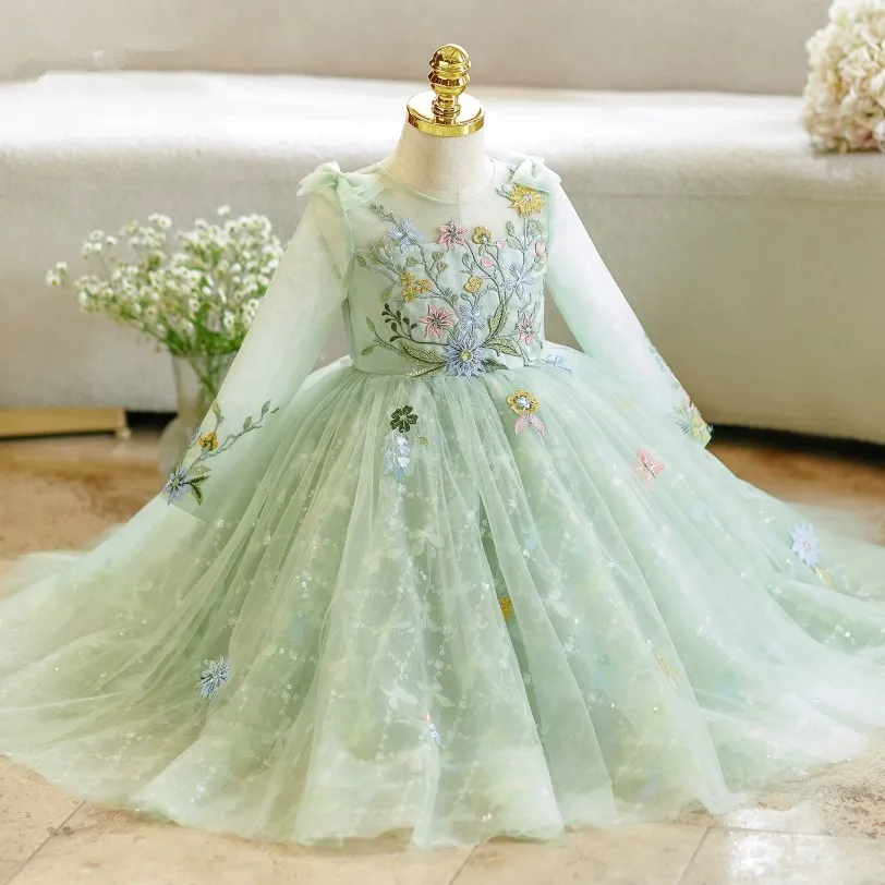 Hochwertiges Mädchen-Geburtstags-Prinzessinnenkleid, grünes Kleid für Klavierauftritte, Kindergarten-Veranstaltungen, Modenschau-Kleid A5069 – Detail 4