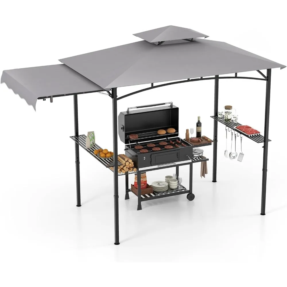 Gazebo Canopy 10.5 X 5 FT, BBQ Outdoor Barbecue Canopy, 2 Side Shelves, Hanging Hooks, Bottle Opener, Metal Frame, BBQ Awnings