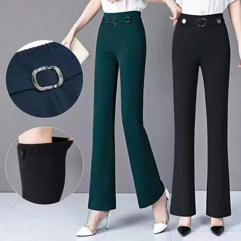 Fashion Commute Spring Summer New Women's Spliced Solid Pocket Button Casual High Waisted Elastic Slim Straight Bootcut Pants