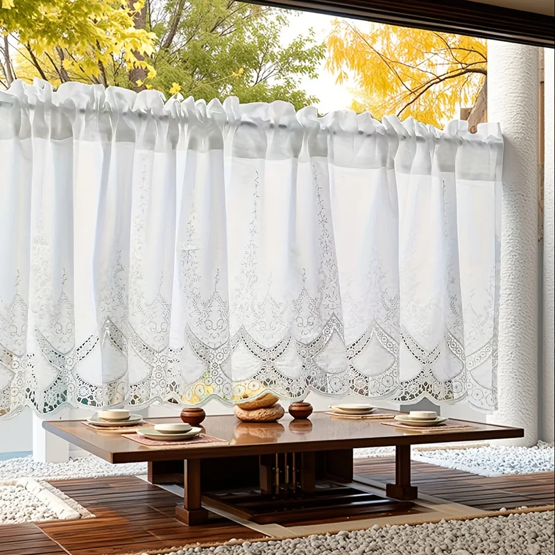1Pc,Charming White Ethnic Stitch Embroidered Hollow-out Lace Short Curtain,Rod Pocket Design for Kitchen,Cabinet&Farmhouse Decor