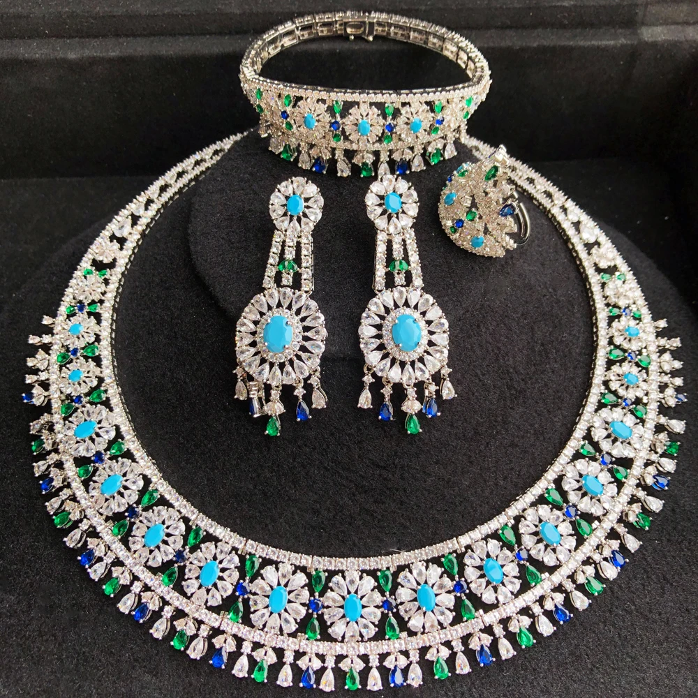 New Flowers 4Pcs African Jewelry Sets for Women Wedding Luxury Naija Dubai India Jewelry Set Cubic Zirconia Bridal Jewelry Sets