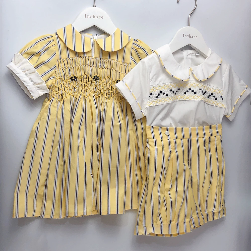 Children Boutique Clothing Summer Short Sleeve Boys Handmade Smocked Clothes Yellow Striped Set Christening Suit Easter Clothes