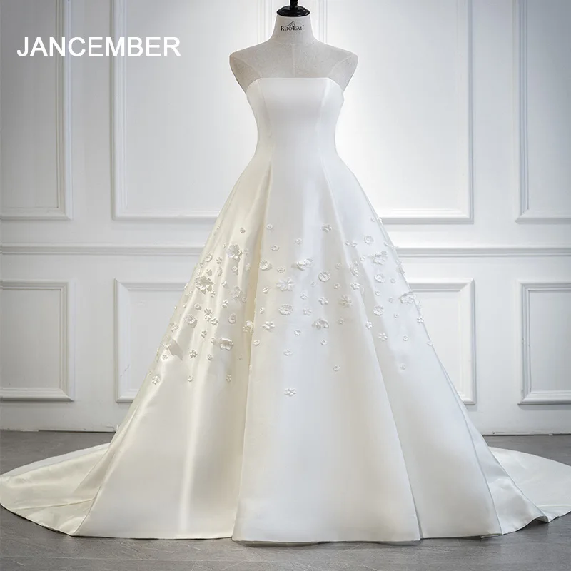 Jancember Elegant A-line Wedding Dress Women Strapless Open Back Lace Up Bridal Gown Sweep Train Vestidos De Novia ZD05035