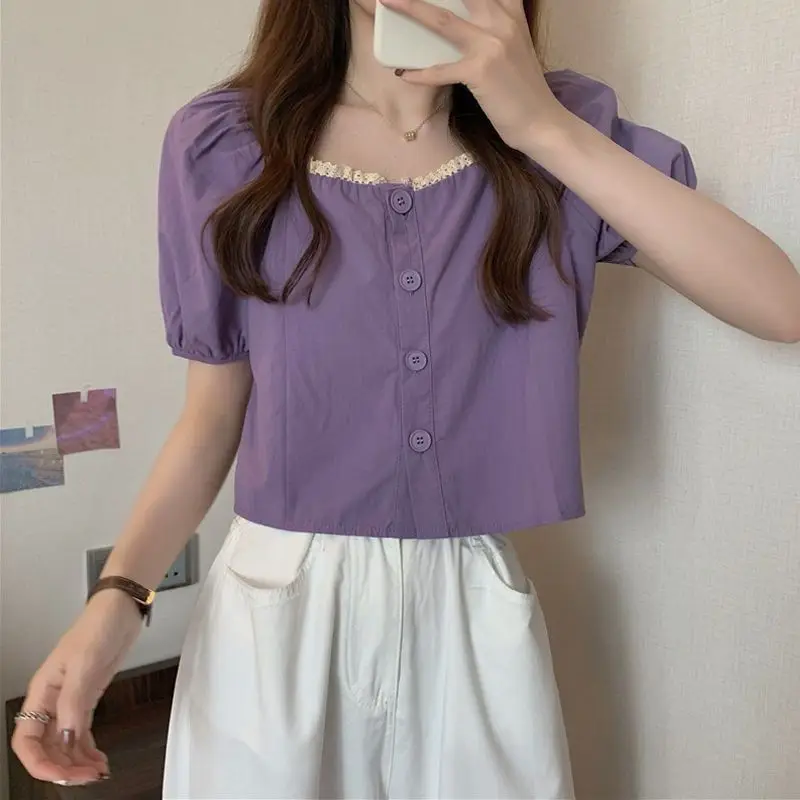 Women Summer Simplicity Trend Solid Color Square Collar Short Sleeve Shirts Women Clothes Casual All-match Appear Thin Top Tee