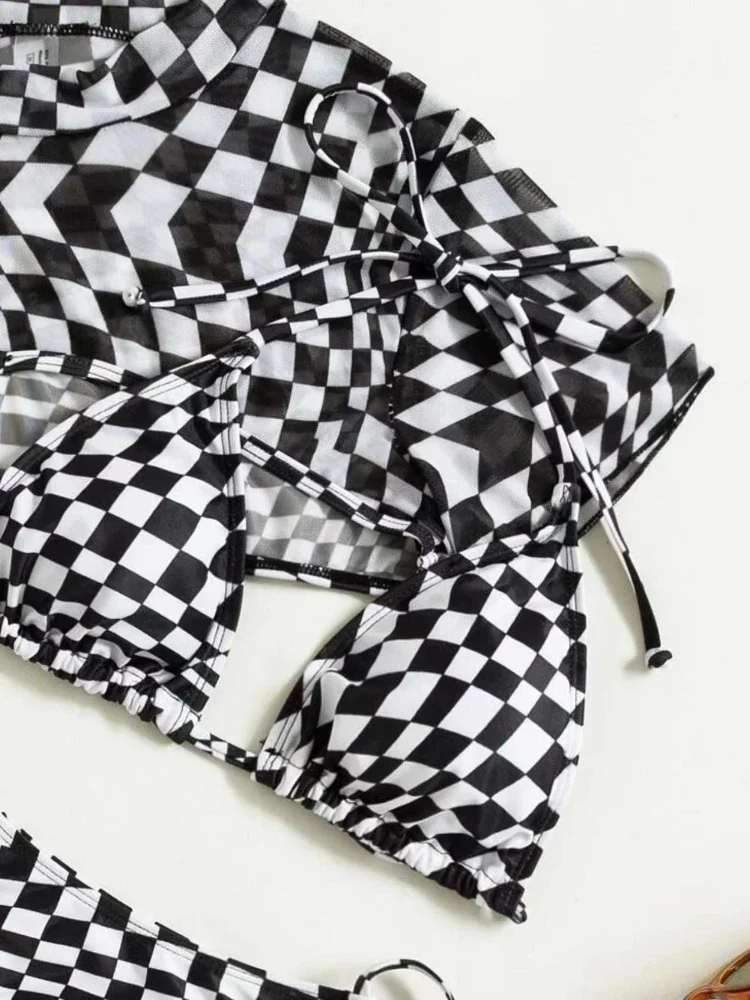 2025 New Black White Checkered Print 3 Piece Swimsuit for Women Triangle Suspender Backless Bikini Set Beach Bathing Suit Summer