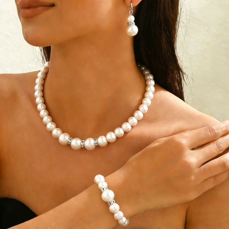 N308 Wedding Engagement Women Simulated Pearls Jewelry Set Necklace / Earrings / Bracelets Fashion Jewelry For Lady Party Gift