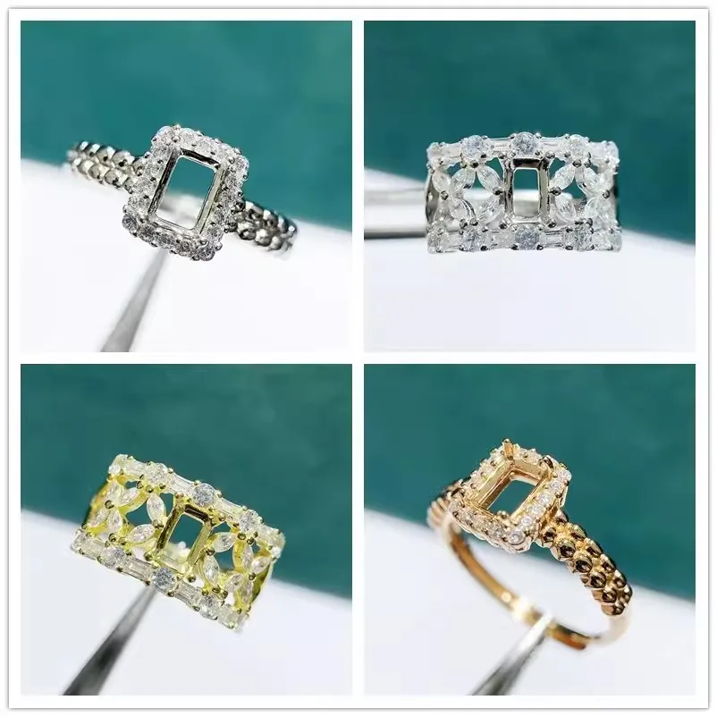 MeiBaPJ 3 Colors 4*6 Rectangle Stone 925 Sterling Silver Zircons Ring Holder DIY Empty Support for Women Fine Charm Jewelry