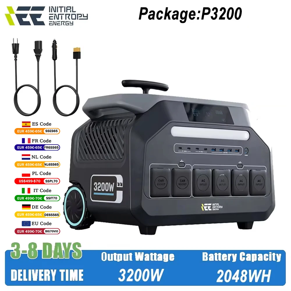 Station d'alimentation portable IEE P3200 3200W (sortie maximale 6400W) avec batterie LiFePO4 2048Wh, sortie AC 220V, chariot pour camping-car et camping-car