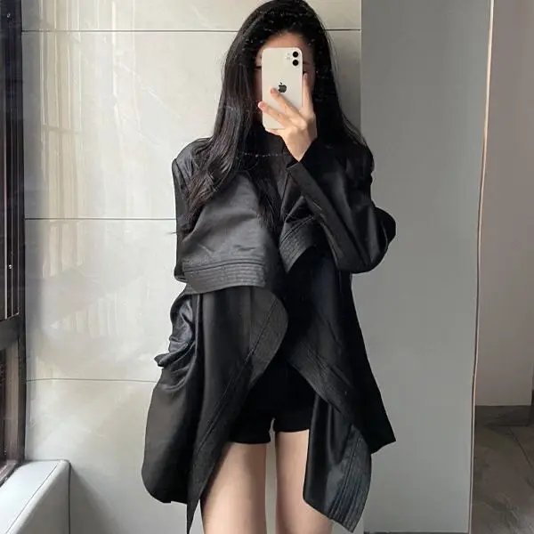 Fashionable Temperament Lapel 2025 Trench Coat Solid Color Medium Long Waist Jacket Autumn New Item Slimming Top