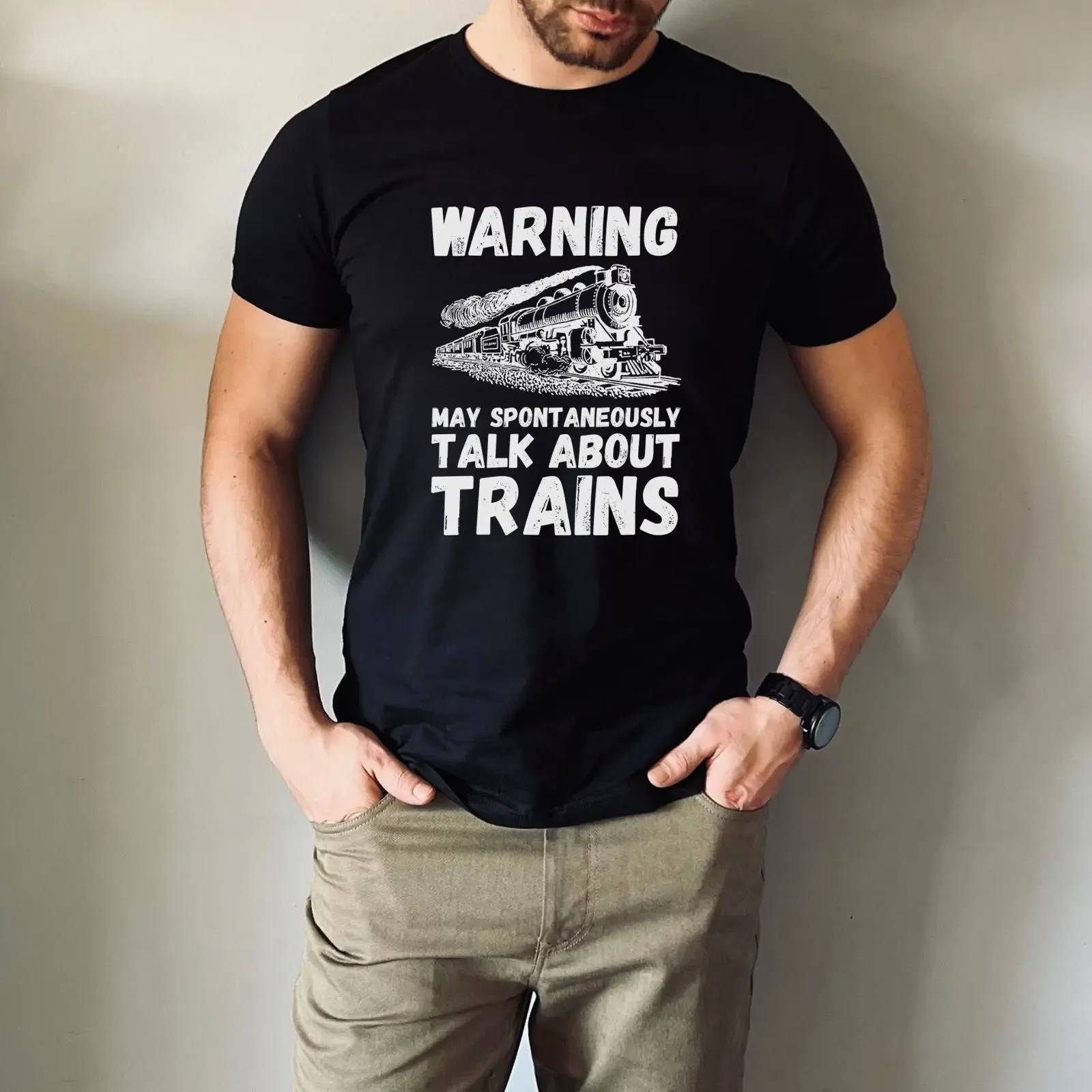 Mens Funny Train T Shirt Warning May Spontaneously Talk About Trains Railway Locomotive For Men Birthday vintage Washed
