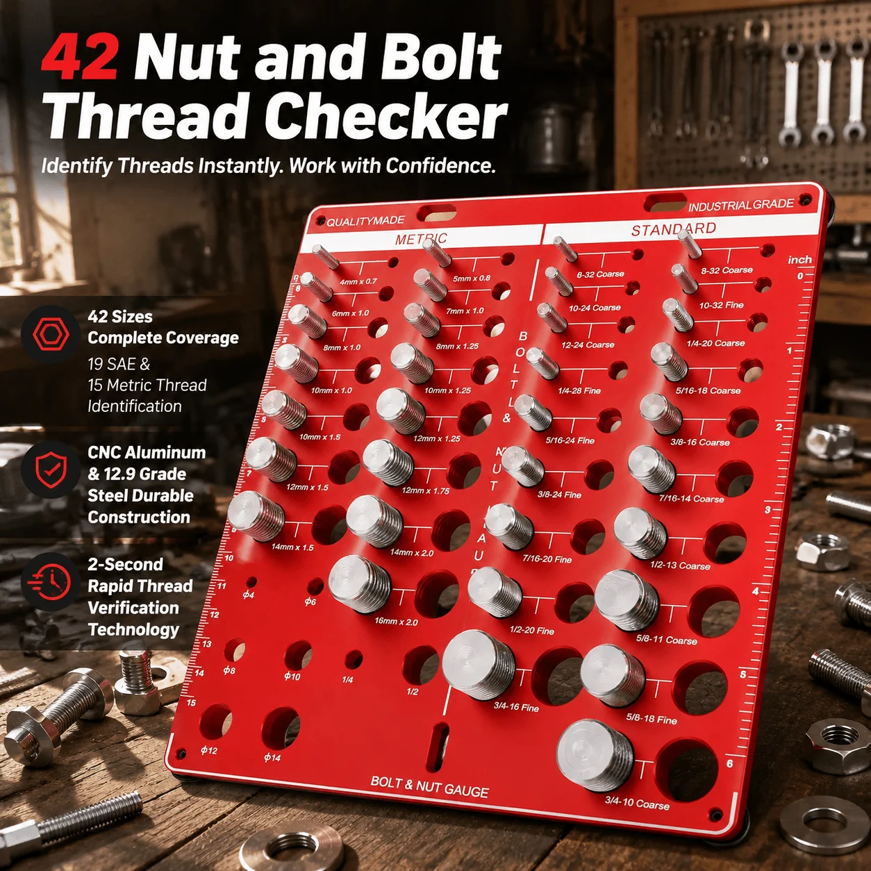 Thread Checker 42 Sizes SAE Metric Nut Bolt Gauge CNC Aluminum Steel Hardware Identifier Drill Guide Wall Mount Bench Organizer