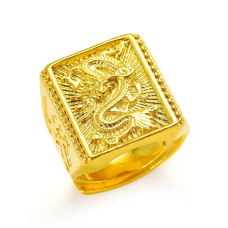 Real Gold color Dragon Head Ring for man Vietnam Sha Jin Luxury Adjustable Ring Jewelry Men\'s Wedding Birthday Jewelry Gift
